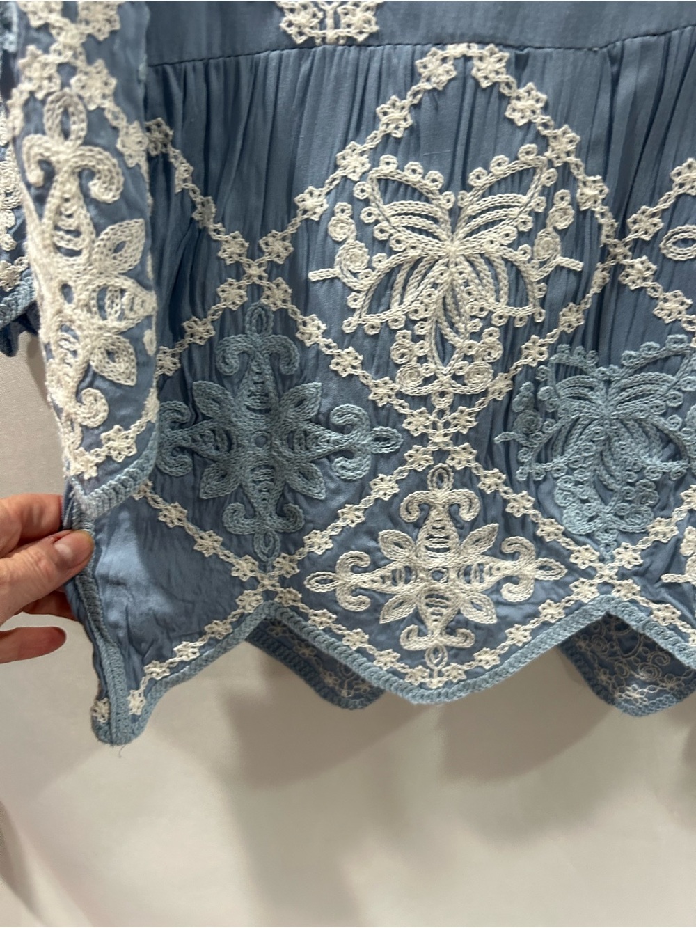 Anthropologie Kindred Light Blue intricate Embroidered Pheasant Top EUC - Picture 4 of 5